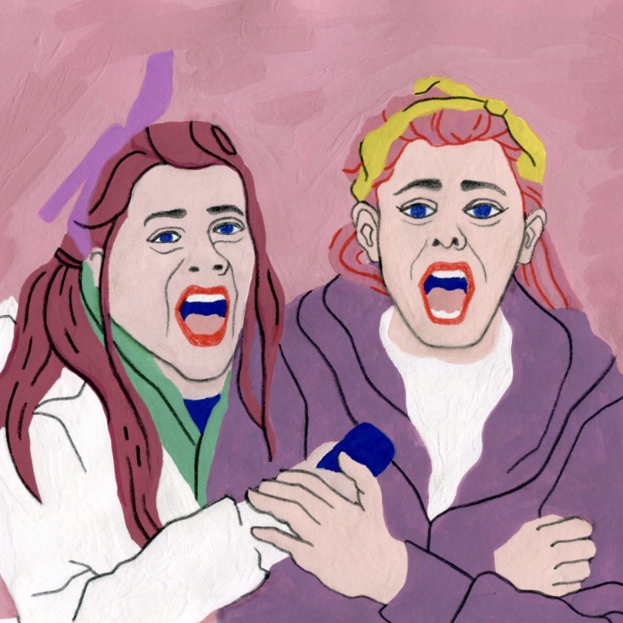 Painting of two excited fangirls